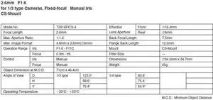 Computar Ganz High Quality CCTV Camera Lens T2616FICS 1/3" 2.6mm f1.6 Monofocal, Manual Iris (CS Mount)