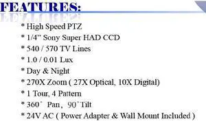 540/570 TV Lines 270x Zoom High Speed Day & Night PTZ Camera ( 24V AC, Power Adapter Included )