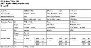 Computar Ganz High Quality CCTV Camera Lens M6Z1212-3S 2/3" 12.5-75mm f1.2 6X Manual Zoom, Manual Iris (C-Mount) with locking set screws.