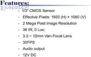2 Mega Pixels 1080 P 3.3 ~ 12mm Vari-Focal Lens 36 IR Vandalproof & Weatherproof Mega Pixels Camera ( 12V DC )