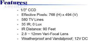 580 TV Lines 2.8 ~ 12mm Vari-Focal Lens 35IR IP 67 Weatherproof & Vandalproof Infrared Dome Camera ( 12V DC )
