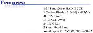 480 TV Lines 2.8mm Fixed Lens Weatherproof & Vandal Proof Color Infrared Camera ( White, 12V DC )