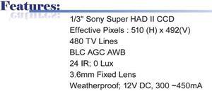 480 TV Lines 3.6mm Fixed Lens 24IR Color Infrared Dome Camera ( Black, 12V DC, Indoor Use Only )