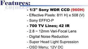 700 TV Lines 2.8 ~ 12mm Vari-Focal Lens 42 IR 960H WDR Camera  ( White, 12V DC )