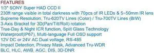 620TV Lines 1/3" SONY Super HAD CCD II 70IR-LEDs 5~50mm lens Advanced-WDR Day & Night Dual voltage IR Bullet Camera