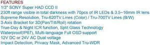 620TV Lines 1/3" SONY Super HAD CCD II 70IR-LEDs 3.5~16mm lens Advanced-WDR Day&Night Dual voltage IR Bullet Camera