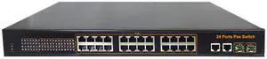 28 ports PoE switch with 24 PoE port, 100Mbit each PoE port
Total Power Outputs 400Watts , 2 Gigabit uplink ports and 2 Gigabit fiber optical ports