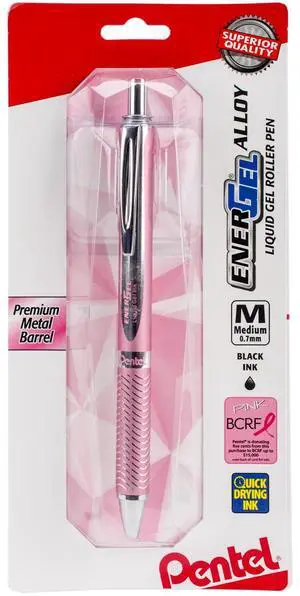 Pentel EnerGel Alloy Retractable Liquid Gel Pen
Medium Pen Point Type - 0.7 mm Pen Point Size - Black Ink - Metallic Pink Barrel - 1 / Pack