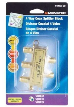 4 Way Coax Splitter 75 Ohm 900 Mhz Carded Monster Cable TV Wire and Cable