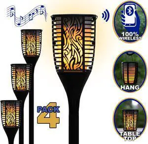 Theater Solutions TT100 Fully Wireless 240 Watt Rechargeable Battery Bluetooth Tiki Torch Speaker 4 Pack Lanterns Link Up To 99 Speakers Wirelessly