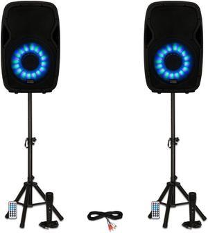 Acoustic Audio AA15LBS Powered 2000W 15" Bluetooth Flashing LED Speakers with Mics and Stands