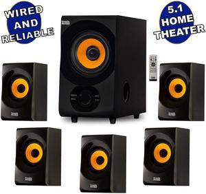 Acoustic Audio AA5170 700W Bluetooth Home Theater 5.1 Speaker System with FM Tuner, USB, SD Card, Remote Control, Powered Sub (6 Speakers, 5.1 Channels, Black with Gold)