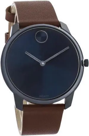 Movado Mens Bold Blue ION Plated Brown Leather Strap Quartz Watch 3600585