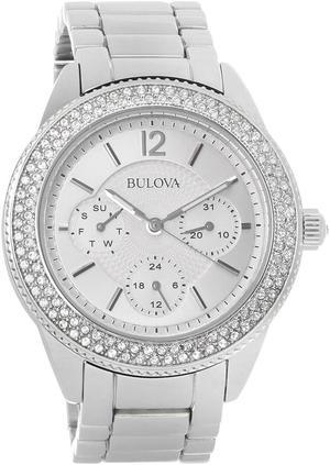 Bulova Ladies Crystal Silver Day/Date Dial Stainless Steel Quartz Watch 96N102