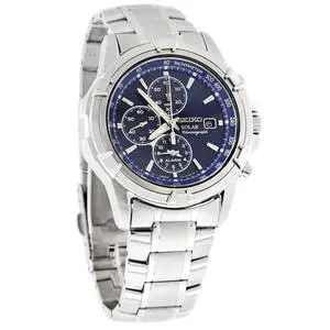 Seiko Solar Quartz Mens Blue Dial Chronograph Bracelet Dress Watch SSC141