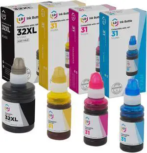 LD Products Compatible Ink Bottle Replacements for HP 31 & 32XL (1 High Yield Black, 1 Cyan, 1 Magenta, 1 Yellow, 4-Pack)