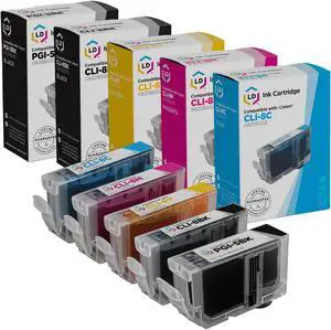 LD © Canon Compatible CLI8 & PGI5 Set of 5 Standard Yield Ink Cartridges Includes: 1 Pigment Black 0628B002, 1 Black 0620B002, 1 Cyan 0621B002, 1 Magenta 0622B002, and 1 Yellow 0623B002