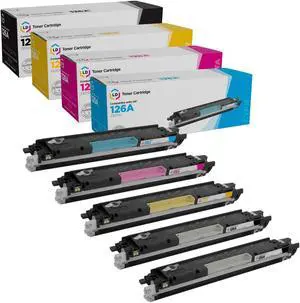 LD compatible Replacements for HP 126A Set of 5 Laser Toner Cartridges: 2 CE310A Black, 1 CE311A Cyan, 1 CE312A Yellow, & CE313A Magenta LD compatible Replacements for HP 126A Set of 5 Laser Toner Cartridges: 2 CE310A Black, 1 CE311A Cyan, 1 CE312A Yellow, & CE313A Magenta