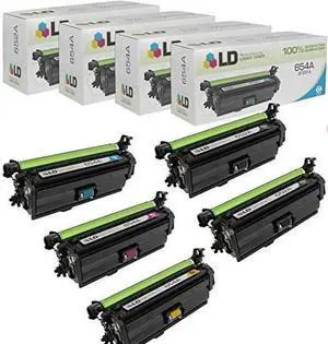LD © Remanufactured Replacements for Hewlett Packard 654A Set of 5 Laser Toner Cartridges Includes: 2 CF320A Black, 1 CF331A Cyan, 1 CF332A Yellow, & 1 CF333A Magenta
