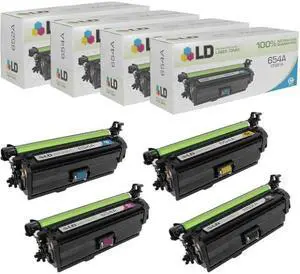 LD © Remanufactured Replacements for Hewlett Packard 654A Set of 4 Laser Toner Cartridges Includes: 1 CF320A Black, 1 CF331A Cyan, 1 CF332A Yellow, & 1 CF333A Magenta