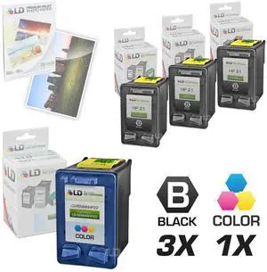 LD © Remanufactured Ink Cartridge Replacements for HP C9351AN (HP 21) Black and HP C9352AN (HP 22) Color (3 Black and 1 Color) + Free 20 Pack of Brand 4x6 Photo Paper LD © Remanufactured Ink Cartridge Replacements for HP C9351AN (HP 21) Black and HP C9352AN (HP 22) Color (3 Black and 1 Color) + Free 20 Pack of Brand 4x6 Photo Paper