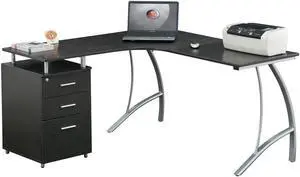 Office Express L-Shape Corner Computer Desk with File Cabinet - Espresso