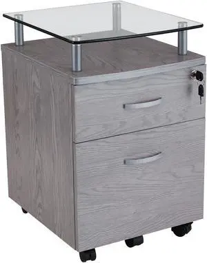 Urban Designs Two Drawer File Cabinet With Glass Shelf - Grey