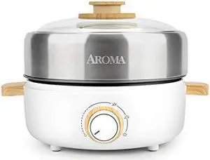 Aroma Housewares Amc-130 Whatever Pot, Indoor Grill, Cooking, Hot Pot With Glass Lid, Bamboo Handles, 2.5L, Stainless Steel/White