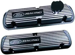 Valve Cover, Short, Baffled, Oil Fill Cap, Ford Racing Logo, Aluminum, Black Wrinkle Paint, Small Block Ford, Pair