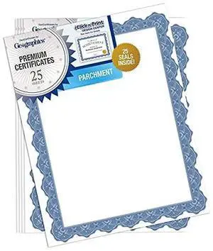 Geographics Optima Blue Blank Award Certificate Paper with Gold Foil Seals, 8.5 x 11", Seal 1.75" (Pack of 25)