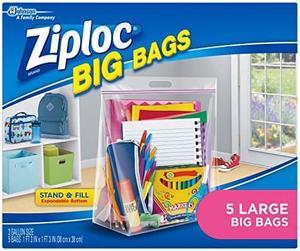 Ziploc Storage Bags, Double Zipper Seal & Expandable Bottom, Large, 5 Count, Big Bag