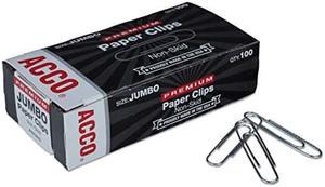 ACCO Premium Paper Clips - Nonskid Premium Paper Clips, Wire, Jumbo, Silver, 100/Box, 10 Boxes/Pack