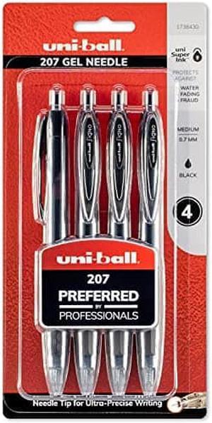uni-ball 1738430 207 Needle Retractable Gel Pens, Medium Point (0.7mm), Black, 4 Count