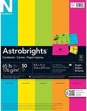 COLOR CARDSTOCK, 65 LB, 8.5 X 11, ASSORTED BRIGHT COLORS, 50/PACK
