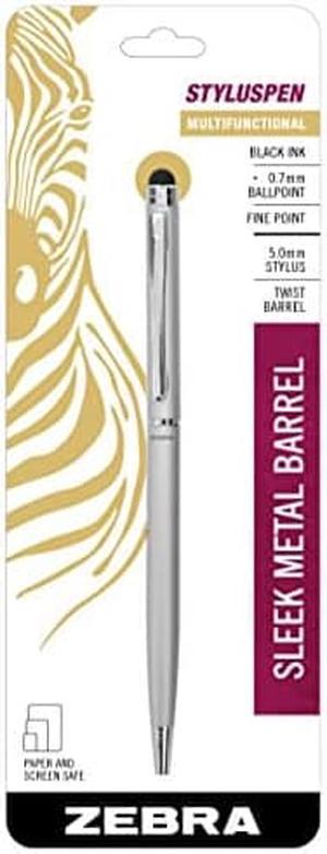 Zebra StylusPen Twist Retractable Ballpoint Pen, Fine Point, 0.7mm, Black Ink, Silver Barrel, 1-Count