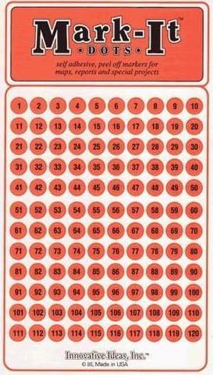 Medium 1/4" Removable Numbered 1-120 Mark-it Brand dots for maps, Reports or Projects - Orange