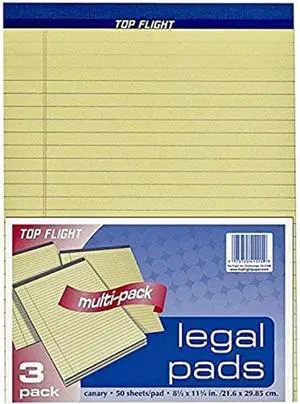 Top Flight Legal Pad, 8.5 x 11.75 Inches, 0.375 Inch Rule, Canary, 50 Sheets per Pad, 3 Pads per Pack (4513108)