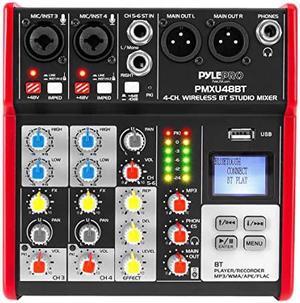 Studio Audio Sound Mixer Board - 4 Channel Bluetooth Compatible Professional Portable Digital Dj Mixing Console w/ USB Mixer Audio Interface - Mixing Boards For Studio Recording - PylePro PMXU48BT
