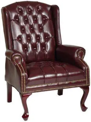 Office Star Thick Padded Vinyl Tufted High Back Traditional Queen Anne Style Chair with Nailhead Accents and Mahogany Finish Legs, Jamestown