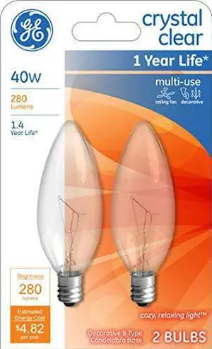 GE Crystal Clear Blunt Tip Decorative Light Bulbs (40 Watt), 280 Lumen, Candelabra Light Bulb Base, 2-Pack Chandelier Light Bulbs