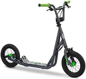 Mongoose Expo Youth Scooter, Front and Rear Caliper Brakes, Rear Axle Pegs, 12-Inch Inflatable Wheels, Green/Grey