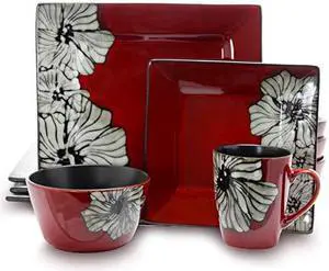 Elama Stoneware Dinnerware Collection, 16 Piece, Red with White Flower Accents