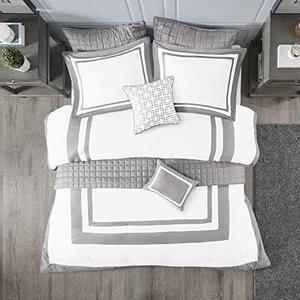 Madison Park Heritage comforter Quilt combo Set - Modern Luxury Design, All Season Down Alternative Bedding, Matching Shams, Decorative Pillows, Kingcal King(104x92), color Block grey 8 Piece