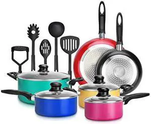15-Piece Nonstick Kitchen cookware Set PTFEPFOAPFOS- Free  colorful Heat Resistant Lacquer Kitchen Ware Pots Pan Set w Saucepot, Frying Pans, Pots, Oven Pot, Lids, 5 Utensil - Nutrichef NccWcOR15