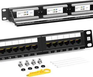 AMPcOM Premium Series cAT6 24 Ports Patch Panel, Rack Mount - 1U, 19 inch, RJ45 Ethernet 568A 568B, 30u gold Plated, with Rear cable Support Bar