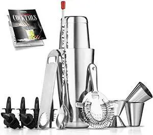 Nutrichef Mixology Bartender cocktail Shaker Set - 15 & 30 oz Stainless Steel cocktail Bar Set Mix Drink Shaker Kit - Essentials Martini Making Kit Drink Mixing Starter Set - NccS15Pc (15 Piece Set)