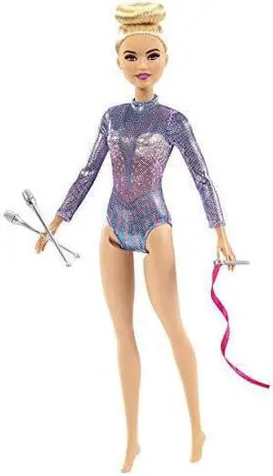 Barbie Rhythmic Gymnast Blonde Doll (12-in) with Colorful Metallic Leotard, 2 Clubs & Ribbon Accessory, Great Gift for Ages 3 Years Old & Up
