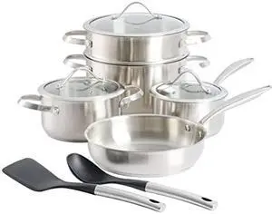 Kenmore Aiden 10 Piece Brushed Stainless Steel Pots and Pans cookware Set with Kitchen Tools