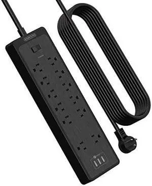 Flat Plug Extension cord 25 Ft, NTONPOWER Surge Protector Power Strip with 12 Outlets(2 Widely Space) 3 USB, Overload Protection Switch, 2100 Joules, Wall Mount for Home Office and Workbench, Black