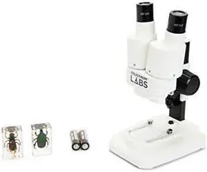 Celestron S20 Portable Stereo Microscope w/20x Power, 2 Insect Specimens in Clear Plastic, 2 AA Batteries, Upper Illuminator
